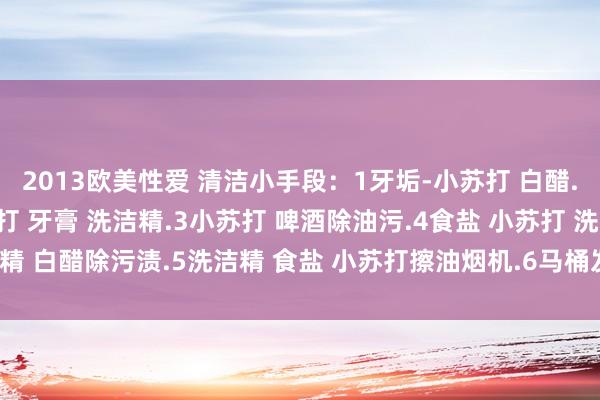 2013欧美性爱 清洁小手段：1牙垢-小苏打 白醋.2穿着油渍，食盐 小苏打 牙膏 洗洁精.3小苏打 啤酒除油污.4食盐 小苏打 洗洁精 白醋除污渍.5洗洁精 食盐 小苏打擦油烟机.6马桶发霉变黑-洗洁精 白酒 小苏打