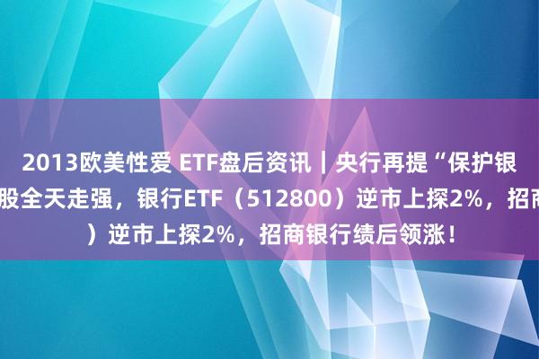 2013欧美性爱 ETF盘后资讯｜央行再提“保护银行息差”，银行股全天走强，银行ETF（512800）逆市上探2%，招商银行绩后领涨！